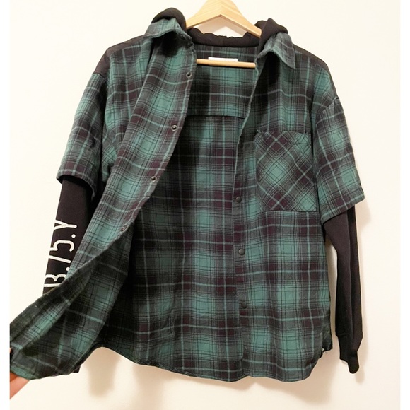 Zara kids green and black plaid button down hoodie shirt size 13-14 - Picture 4 of 9
